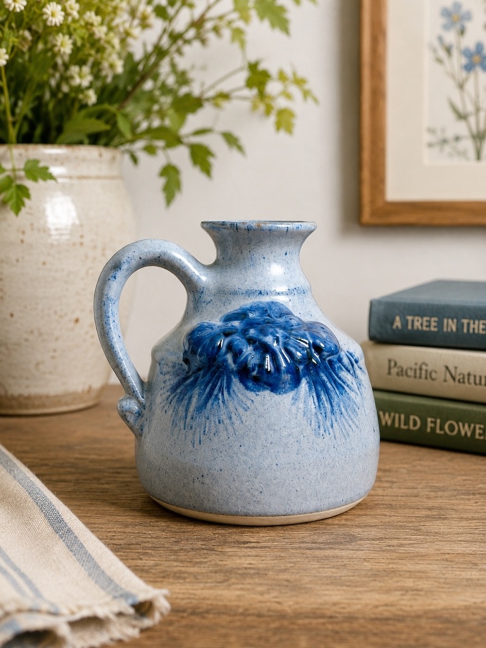 Vintage Dekrech Originals Studio Pottery Jug Vase Blue Floral Art Pottery
